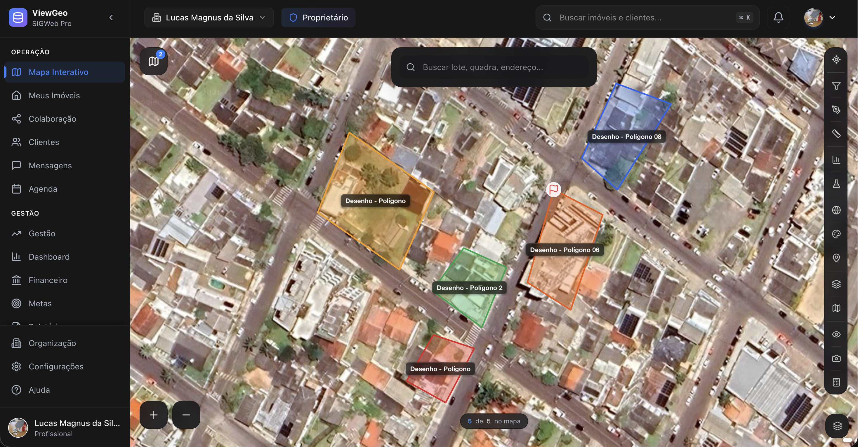 ViewGeo — mapa interativo em satélite com lotes desenhados como polígonos e painel de imóveis